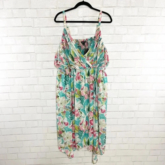 Torrid Colorful Floral Tea Length Chiffon Pleated Sharkbite Dress Women's 2X NEW - Picture 2 of 9